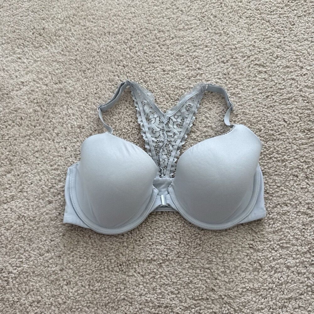Victoria's Secret Slate Blue 32DD Light Line Demi Bra Front Clasp Racerback Lace